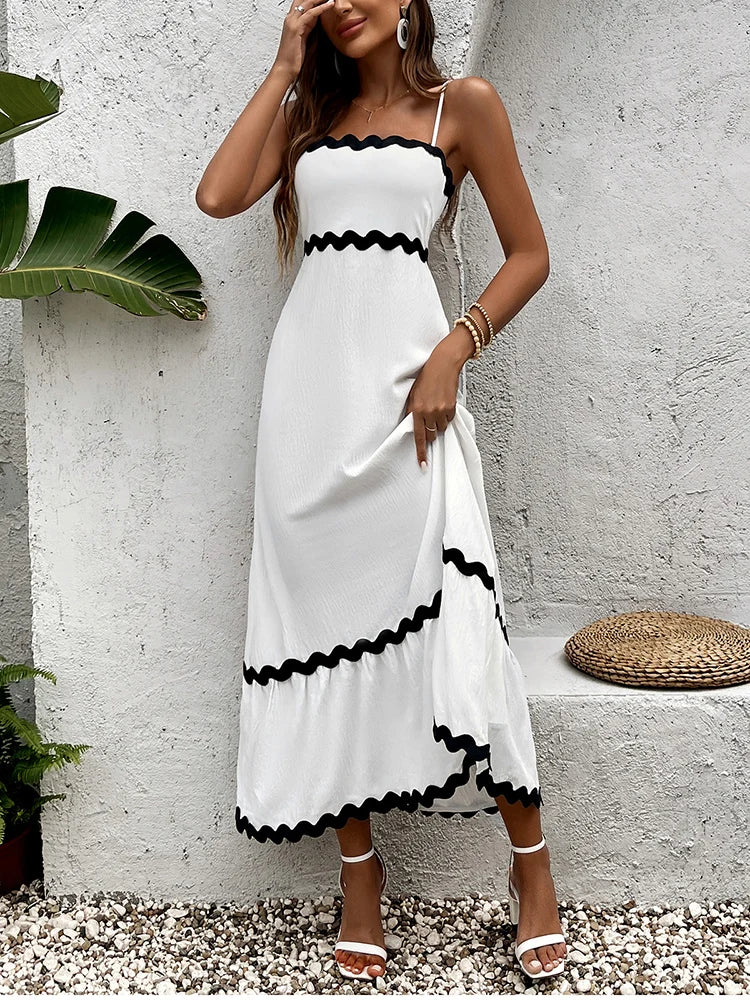 Elegant Ice Silk Spaghetti Strap Maxi Dress Round Neck Sleeveless Flower Trim A-Line Dress