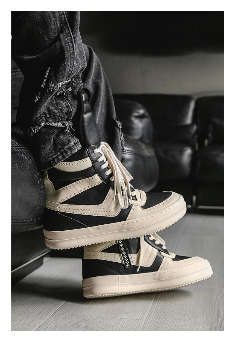 Men's High-Top Leather Sneakers - Lace-Up Ankle Boots