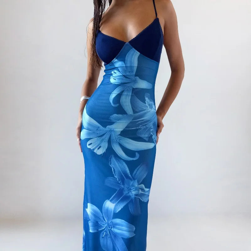 Women's Floral Print Backless Maxi Dress - Summer Slip Bodycon Long Party Dress