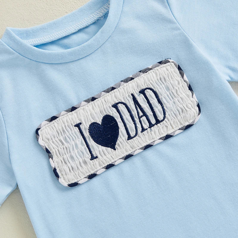 Baby Boys' Father's Day Outfit Set - Letter Heart Embroidery T-Shirt & Plaid Shorts 2pcs