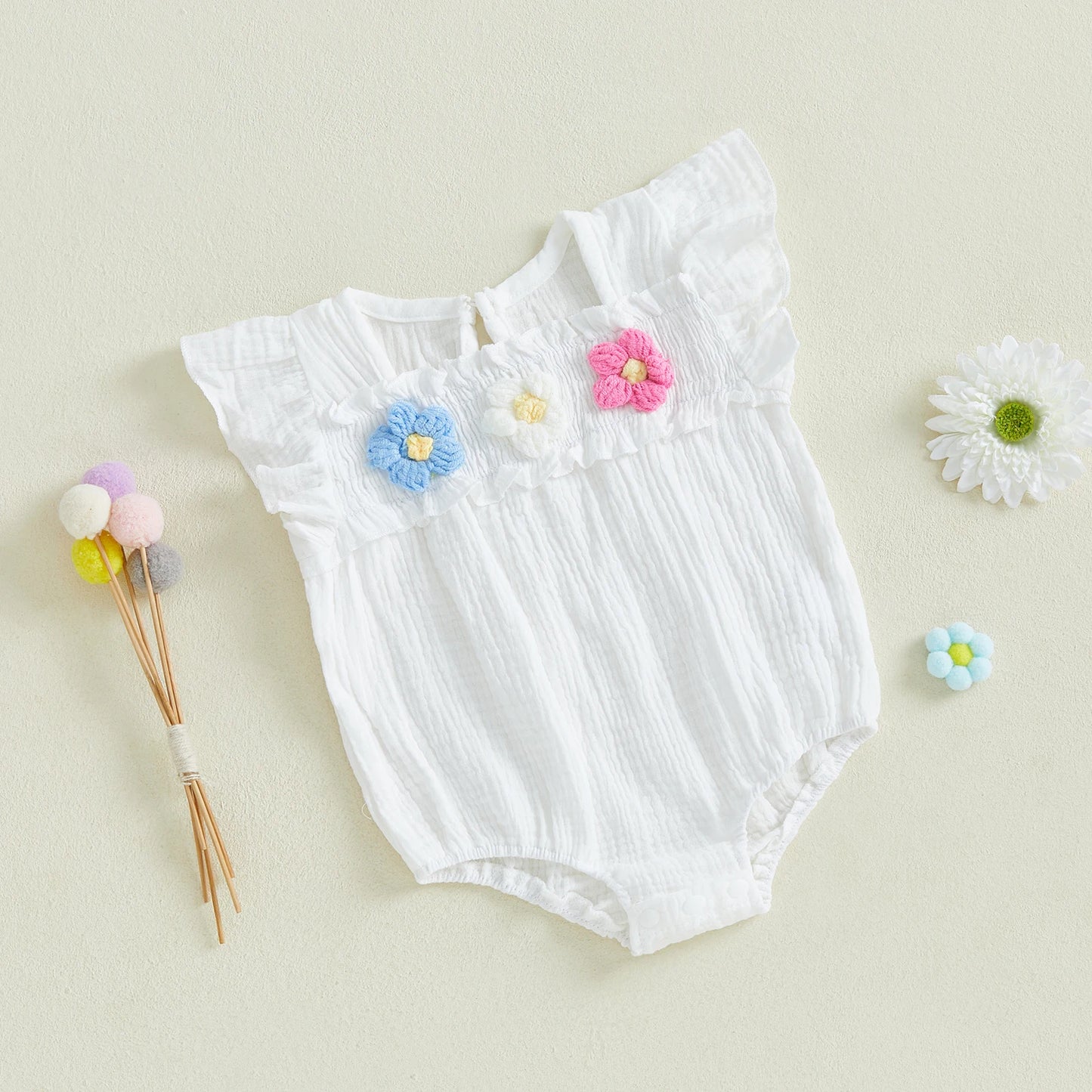 Newborn Baby Girls Flower Embroidery Romper - Smocked Flying Sleeve Jumpsuit (0-12M)