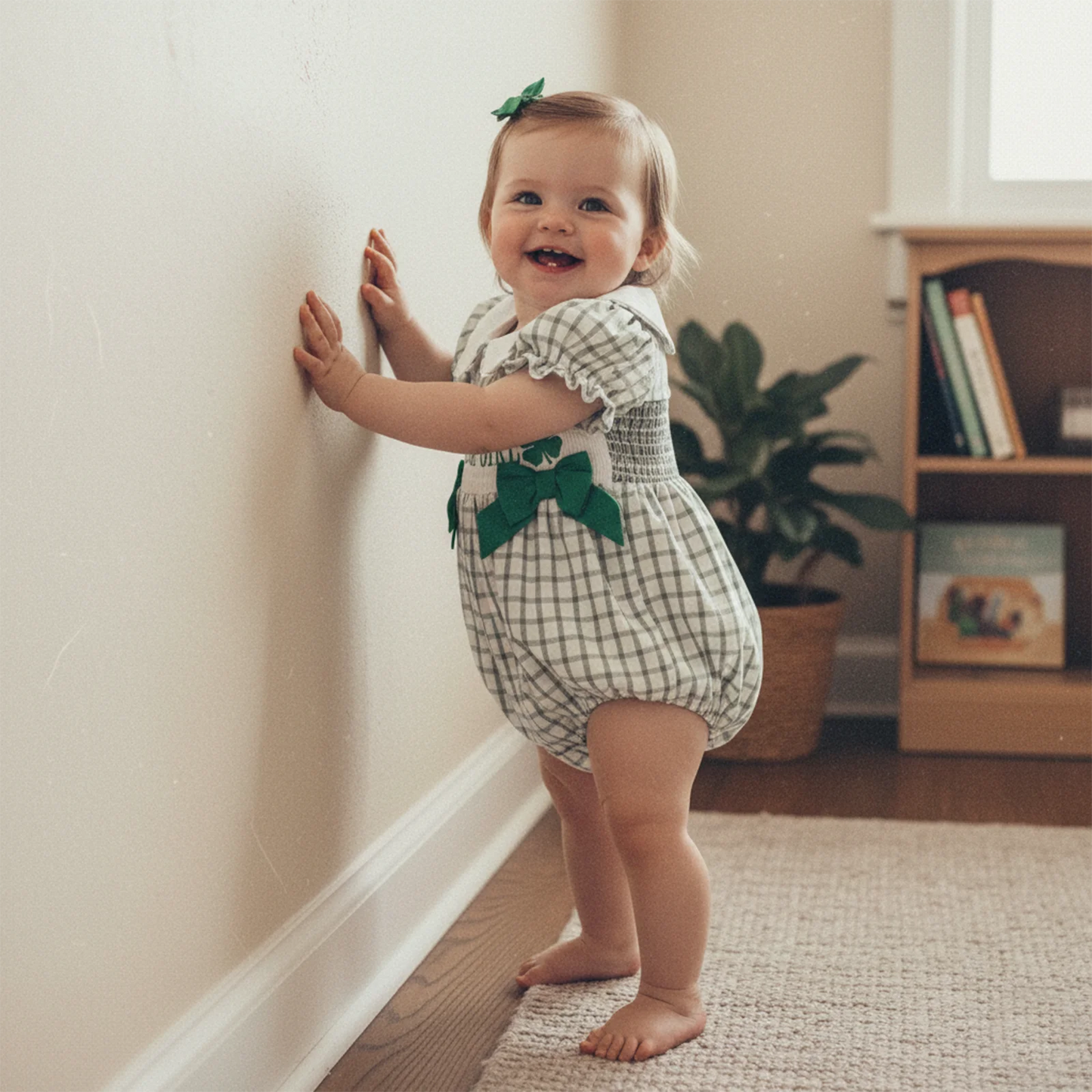 Newborn Baby Girls Boys Irish Plaid Clover Embroidered Short Sleeve Doll Collar Romper