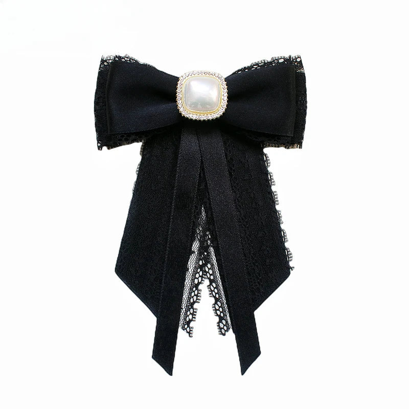 Black Fabric Bow Brooch - College Style Crystal Collar Pin