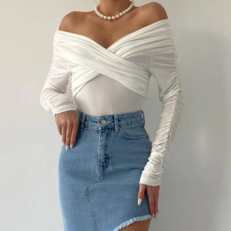 Women's Ruched Backless Wrap Bodysuit - Off Shoulder Slim Long Sleeve White Top One Piece