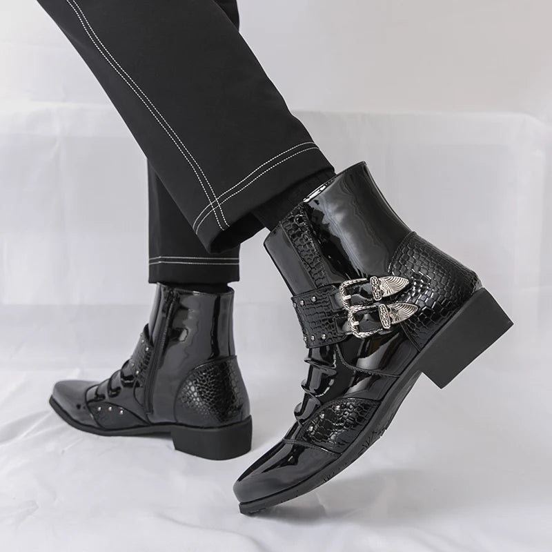 Men's Pointed Toe Motorcycle Boots - Patent Leather Metal Rivet Party Shoes