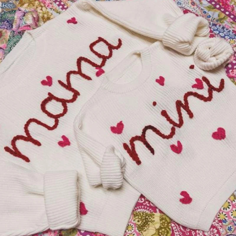 Mommy & Me Letter Heart Embroidery Matching Sweaters - Long Sleeve Round Neck Tops