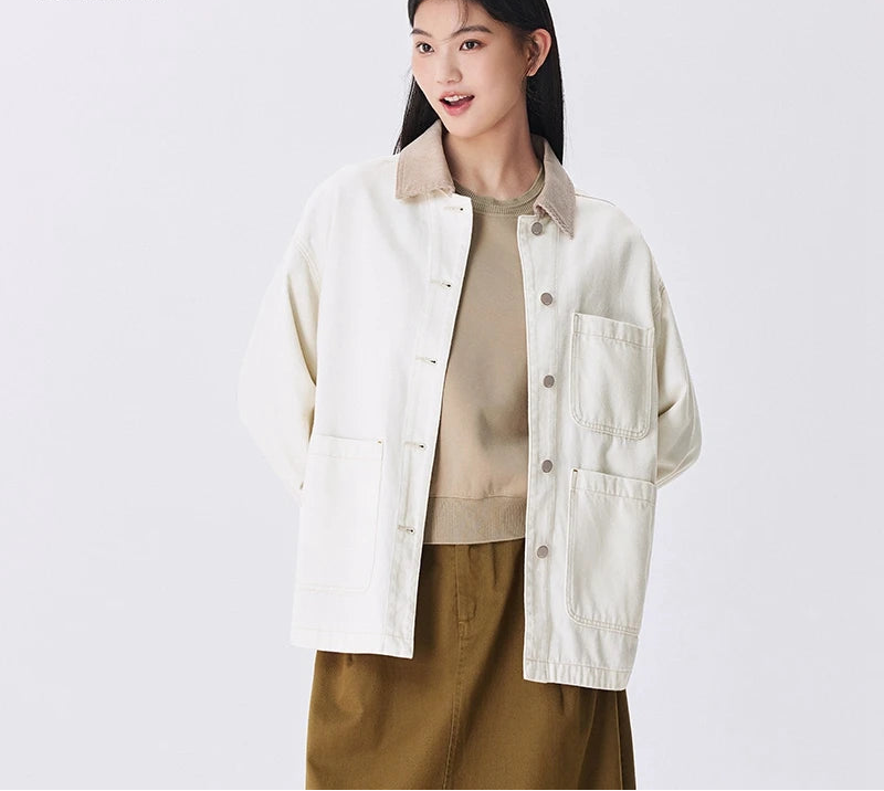 Corduroy Denim Jacket - Women's Turn Collar Loose Casual Coat
