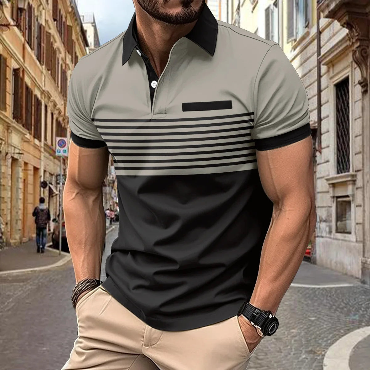 Men's Summer Polo Patchwork Short Sleeve Smart Casual Striped Turn Down Collar Shirt