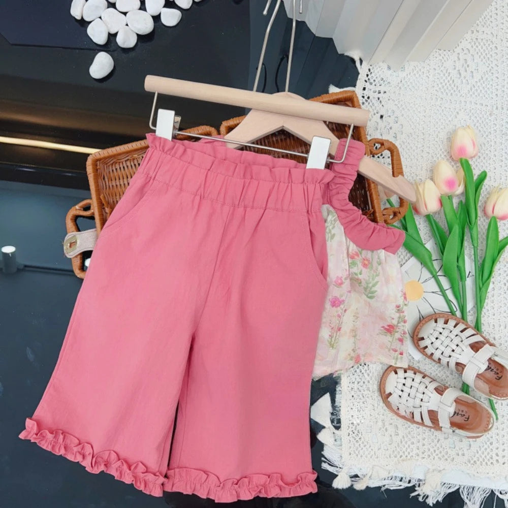 Girl's Pink Flower Camisole Top and wide Leg Pants Two-piece Set Summer 3-7 Years Old