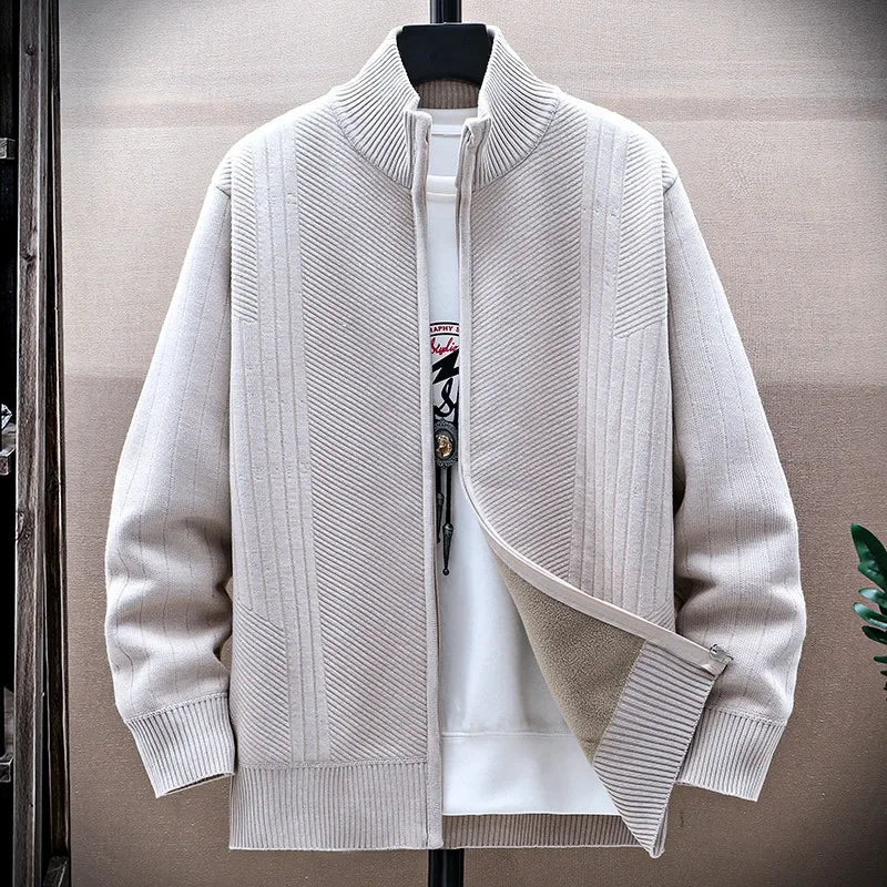 Men's Fleece Knit Cardigan - Stand Collar Zip Sweater Jacket