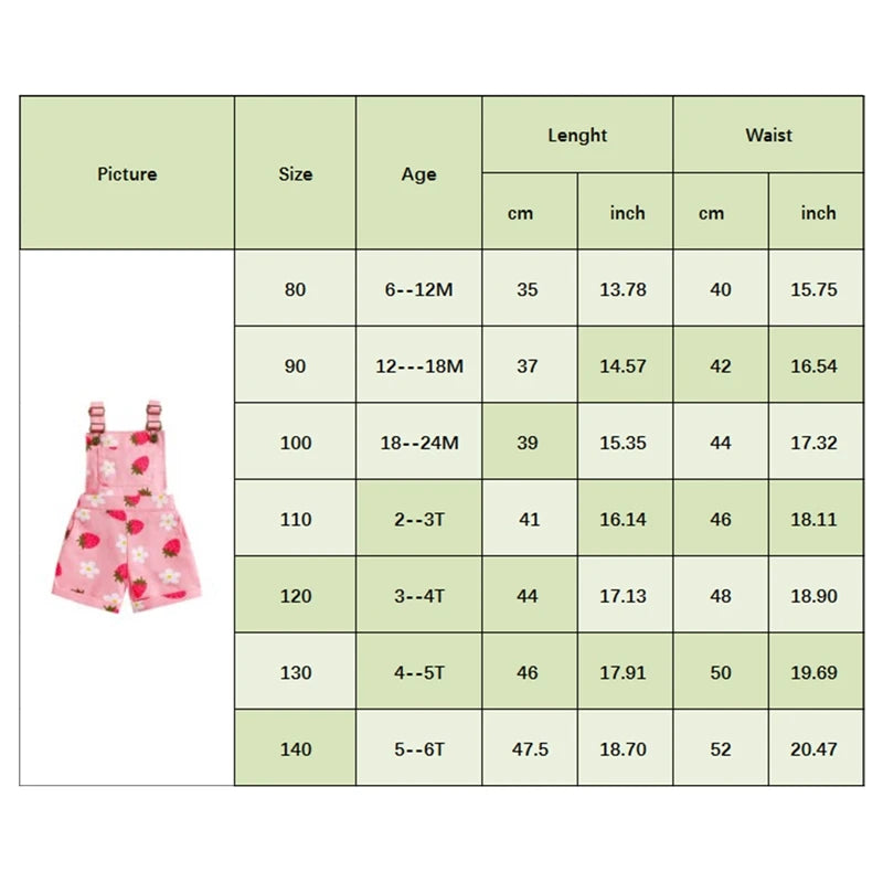 0-6Y Girls Denim Overalls Shorts Sleeveless Flower/Strawberry Print Strap Jeans Suspender Outfit