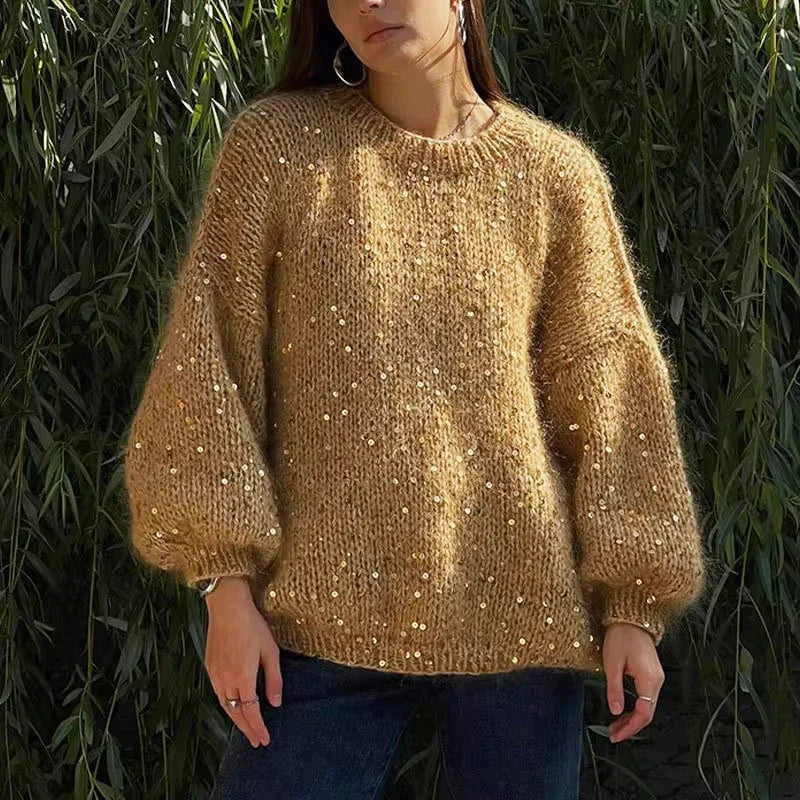 Women's Sequined Mohair  Loose Round neck Lantern Long Sleeve Glitter Knitted Pullover Sweater