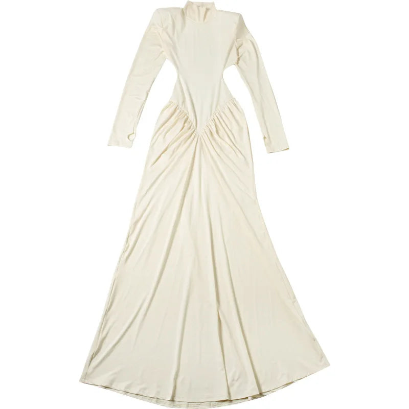 Women's Ruched Long Sleeve Maxi Dress - Elegant Backless Evening Gown