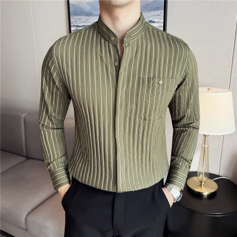 Men's Striped Stand Collar Long Sleeve Single Breasted Shirt