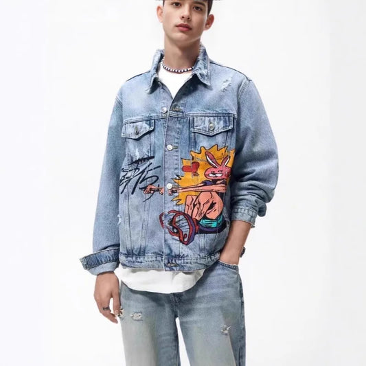 Men's Spring and Autumn Print Denim Jacket