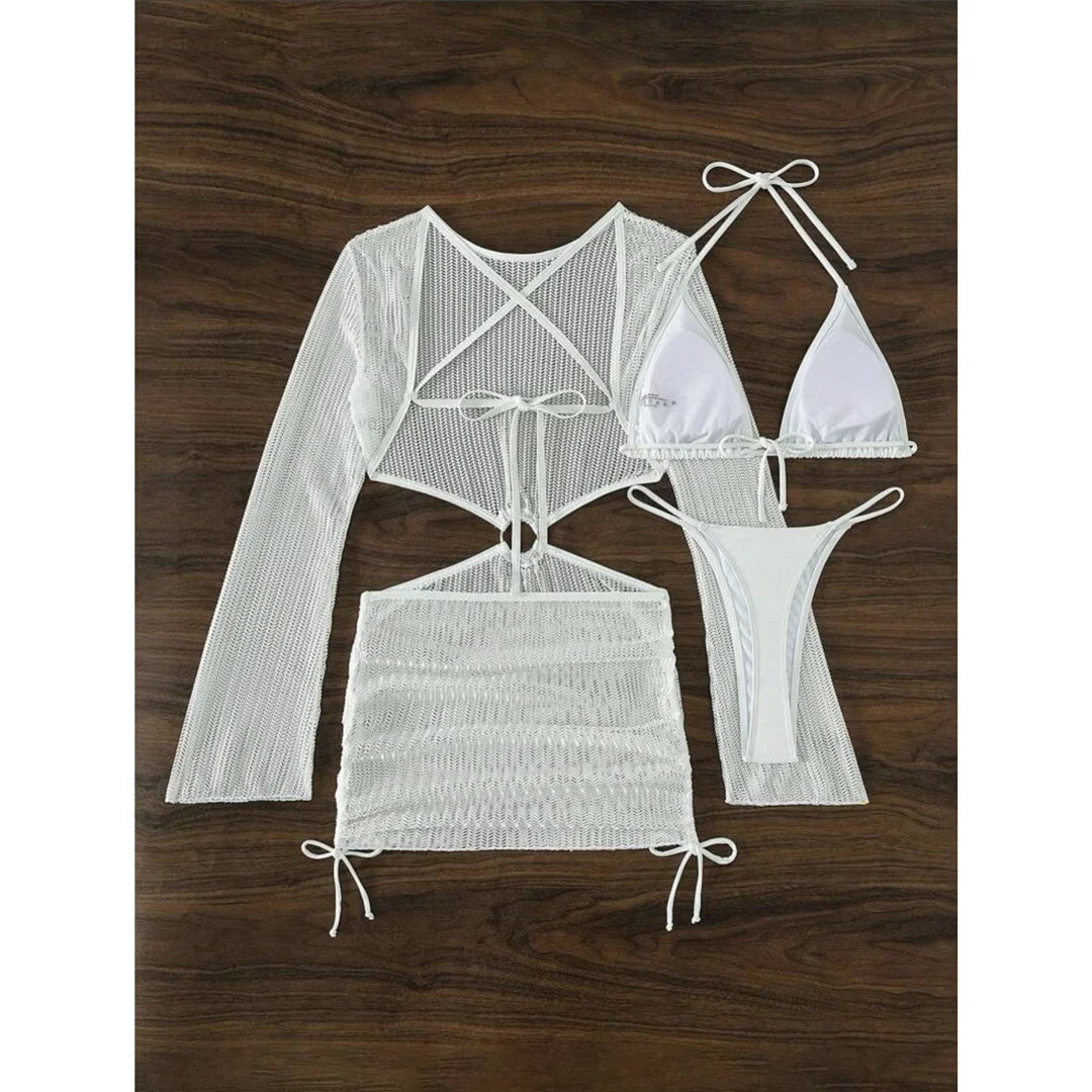 Women's Halter Bikini Set with Long Sleeve Cover-Up | Three-Piece Wire-Free Padded Swimwear