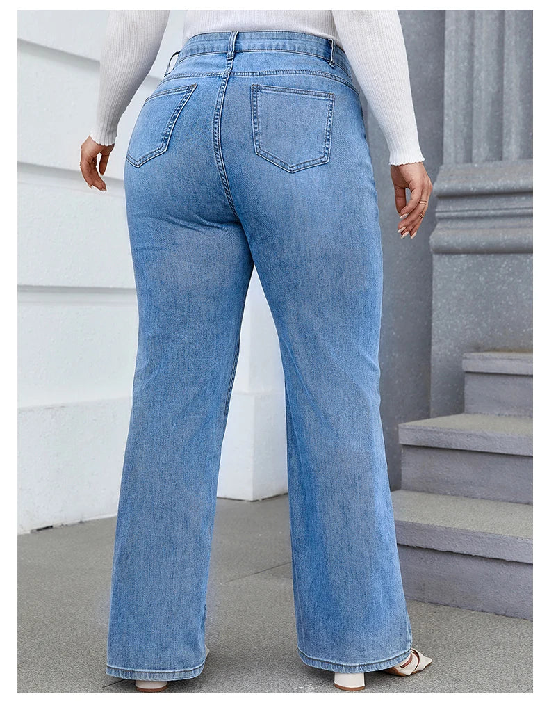 Plus Size Wide Leg Jeans - Women High Waist High Stretchy Straight Denim Jeans