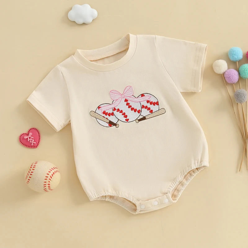 Baby Girls Boys Summer Romper Short Sleeve Round Neck Bow Baseball Embroidery Bodysuit Jumpsuit Babygrow