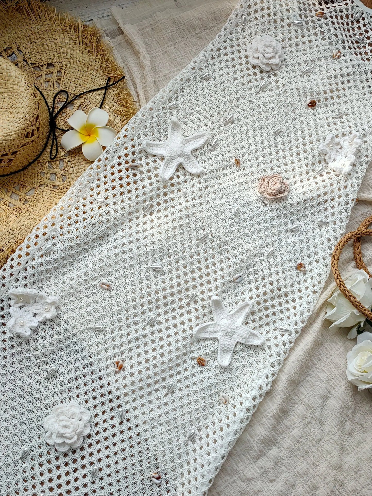 Women's Summer Pearl Crochet Dress knitting Sleeveless Halter Lace Up Patchwork Long Dress