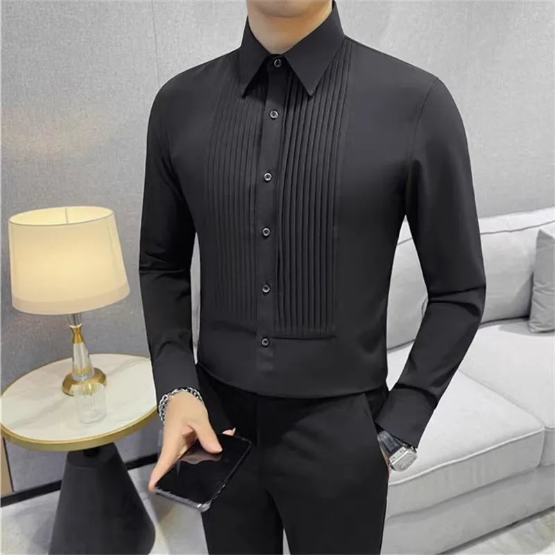 Men's Long Sleeve Pleated Fold Tuxedo Shirt