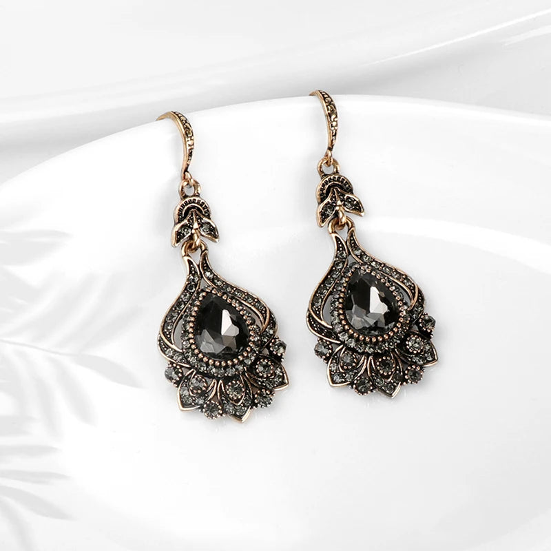 Women's Grey Crystal Antique Gold Colour Drop Earrings