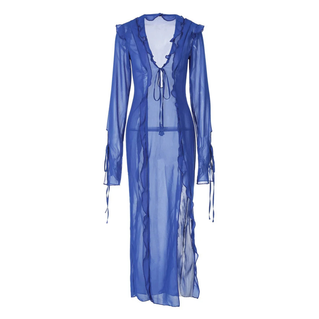 Women's Deep V-Neck High Split Ruffle Beach Cover-Up Maxi Dress