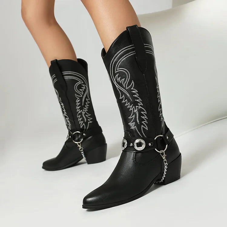 Women's Tapered Circular Metal Chain Chelsea Bohemian Pointed Leather Knee High Boots