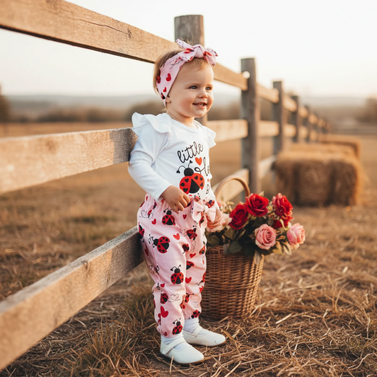 Baby Girls Boys Valentine's Day Outfit Set - Ladybug Print Romper with Pants & Headband 0-18M