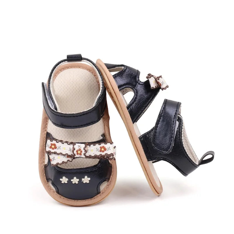 0-18M  Baby Girls Bows Sandals Shoes Floral Embroidered Hollowed out Summer Soft Sole Flats Walking Shoes