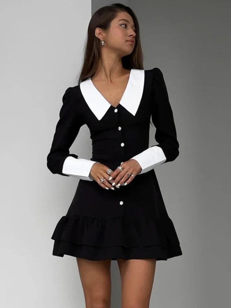 Women's High Waist  Retro Splice Long Sleeve Turn Collar Folds Mini Dress