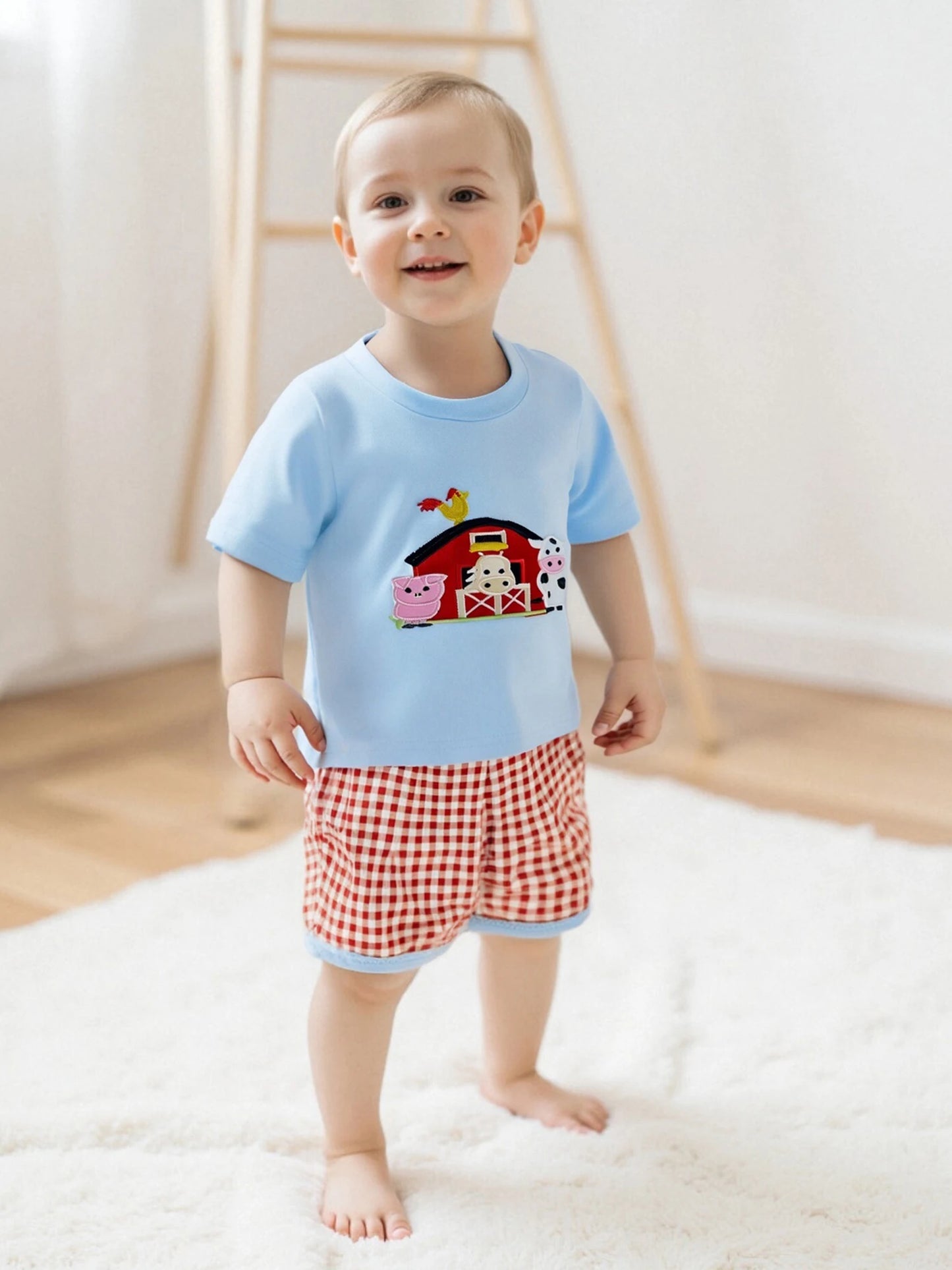 Infant Baby Boys Summer Outfit Set - Farm Animal Embroidery T-Shirt & Shorts (0-3Y)