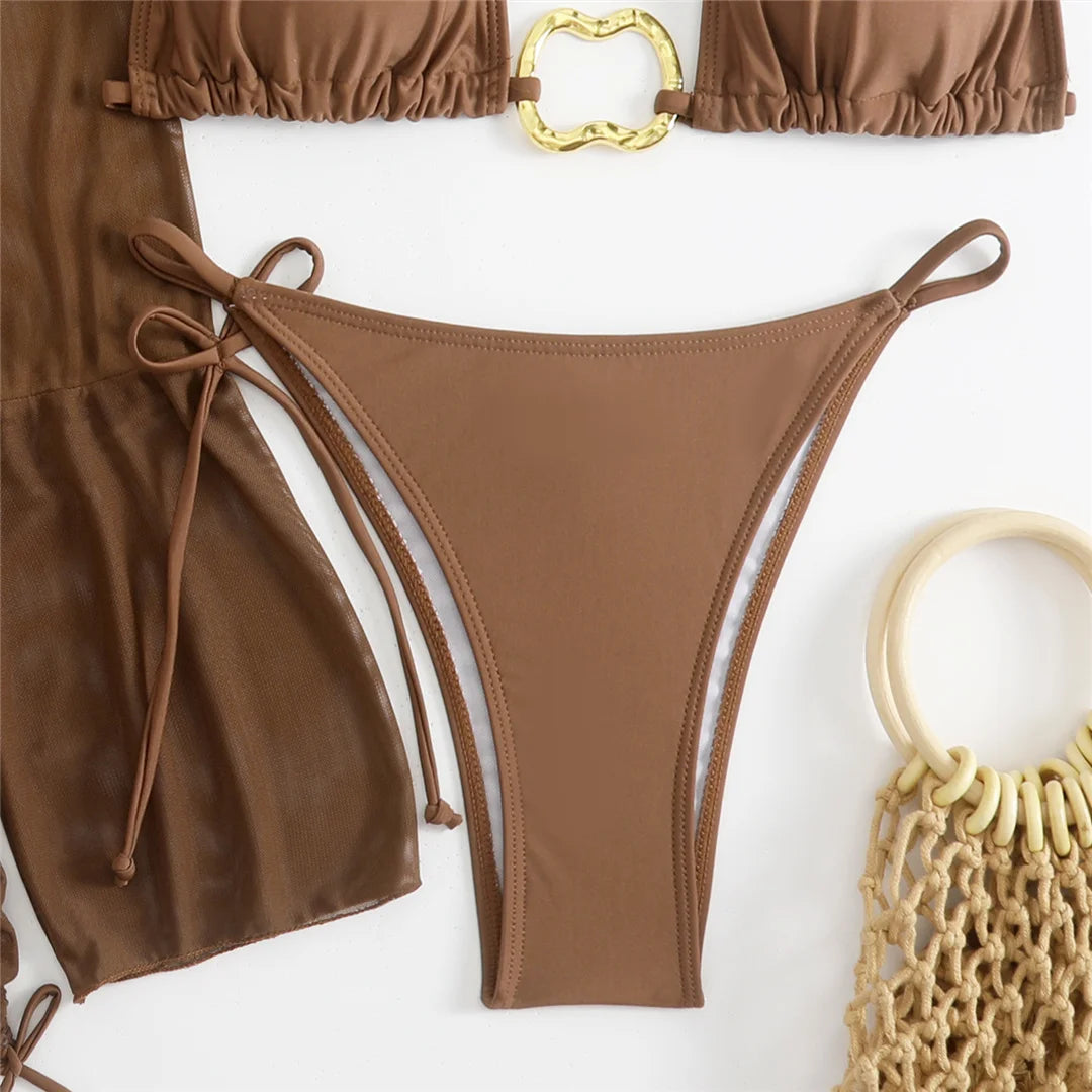 Women's Long Sleeve Cover Up Skirt Halter Bikini Swimsuit Swimwear Four-pieces Bikini Set