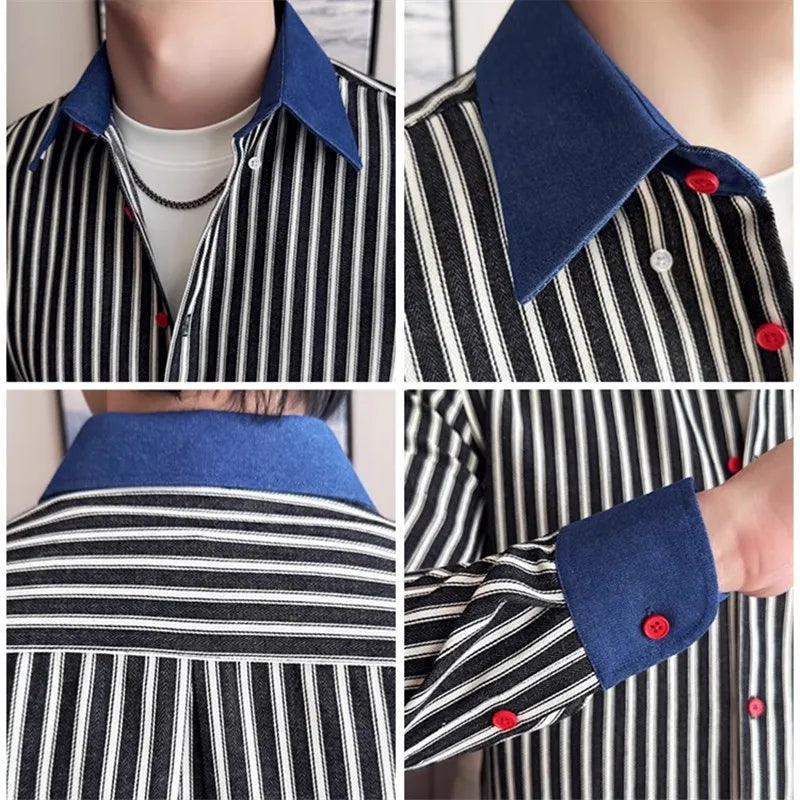 Men's Long Sleeve Striped Cotton Shirt - Smart Casual Square Collar