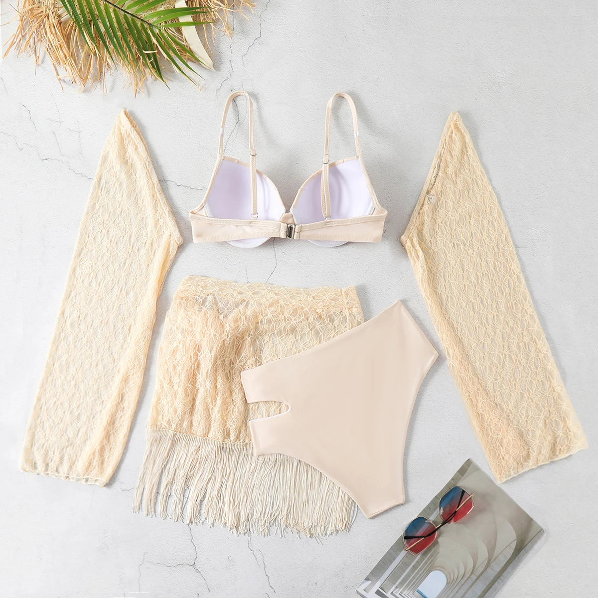 Women's 3-Piece Tassel Swimwear Set - Long Sleeve Top & Mini Skirt Cover Up