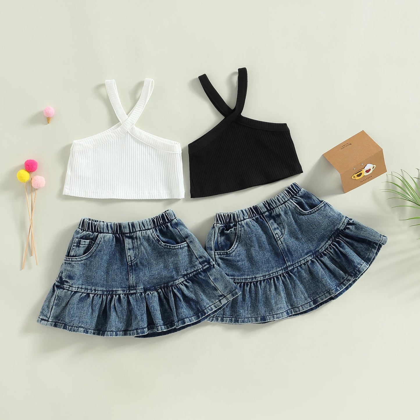 1-5Y Fashion Kids Girl Summer Clothes Sets -  Solid Colour Ribbed Camisole Elastic Denim Skirt Set