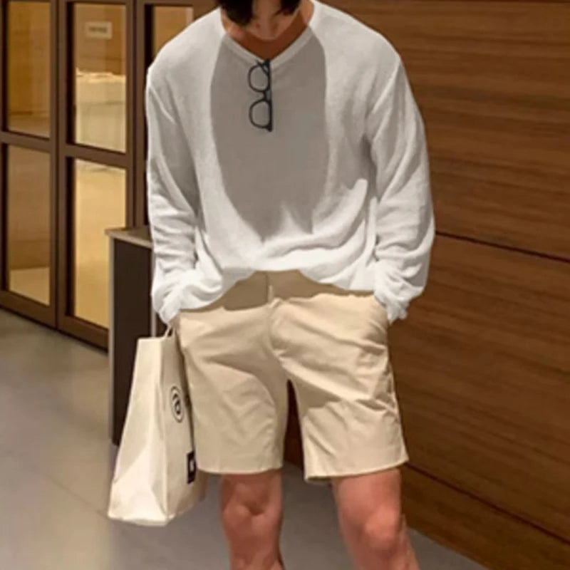 Men Solid Colour Round-neck Long Sleeve Loose T-Shirt