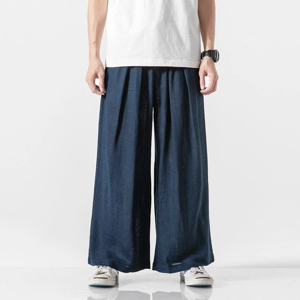 Men's Summer Cotton Linen Casual Chinese Style Loose Harem Straight Lightweight Wide Leg Trousers