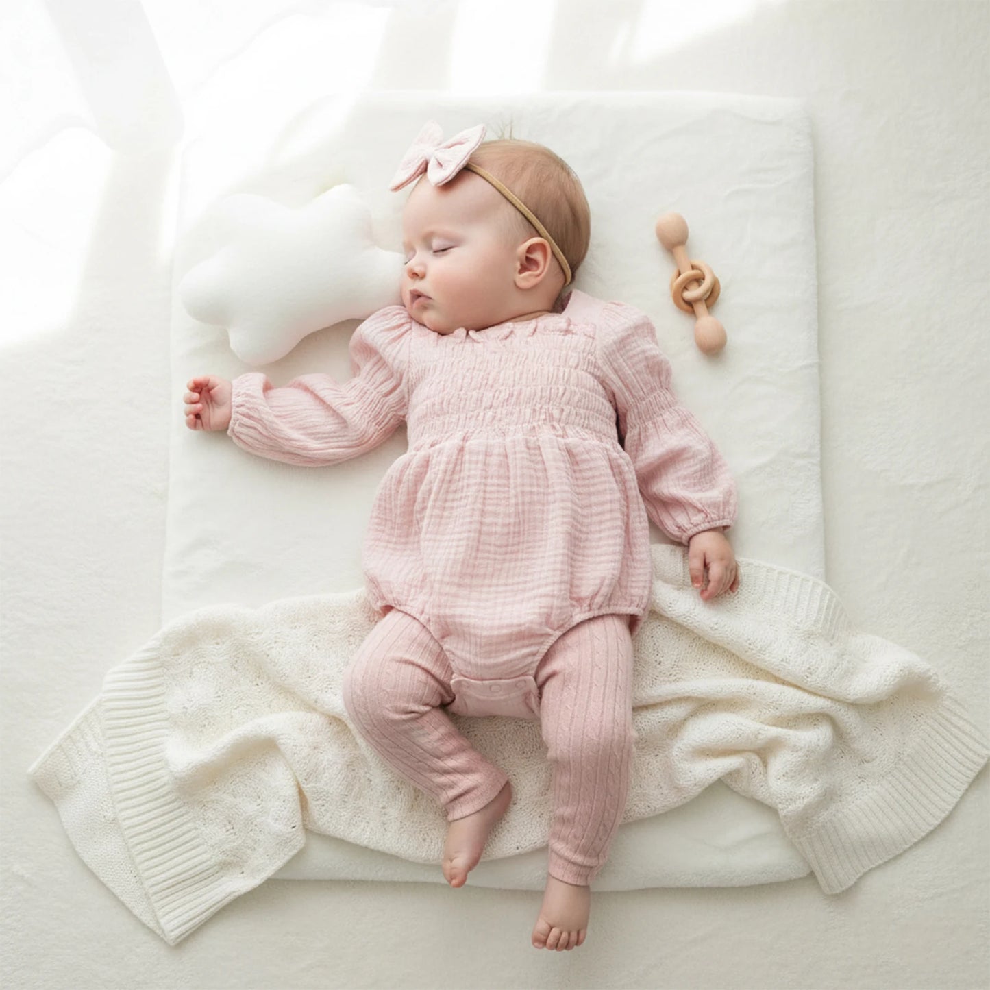 Baby Romper Set - Long Sleeve Smocked Jumpsuit with Headband