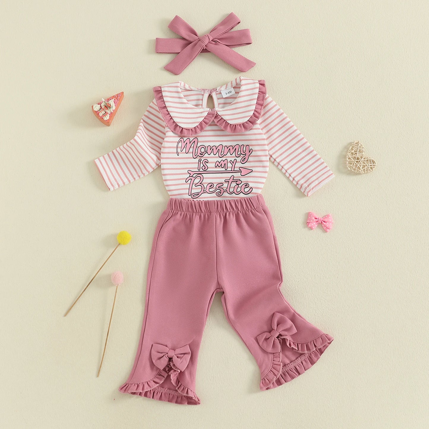 Baby Girls Striped Outfit Set - 3-Piece Long Sleeve Doll Collar Jumpsuit, Flared Pants & Headband (0-18M)