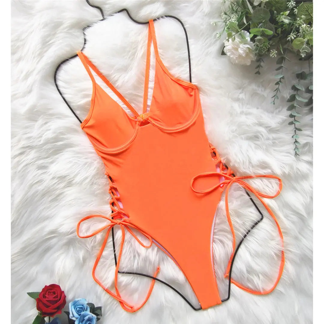 Women's Lace Up Underwired One Piece Swimwear Backless Swimsuit