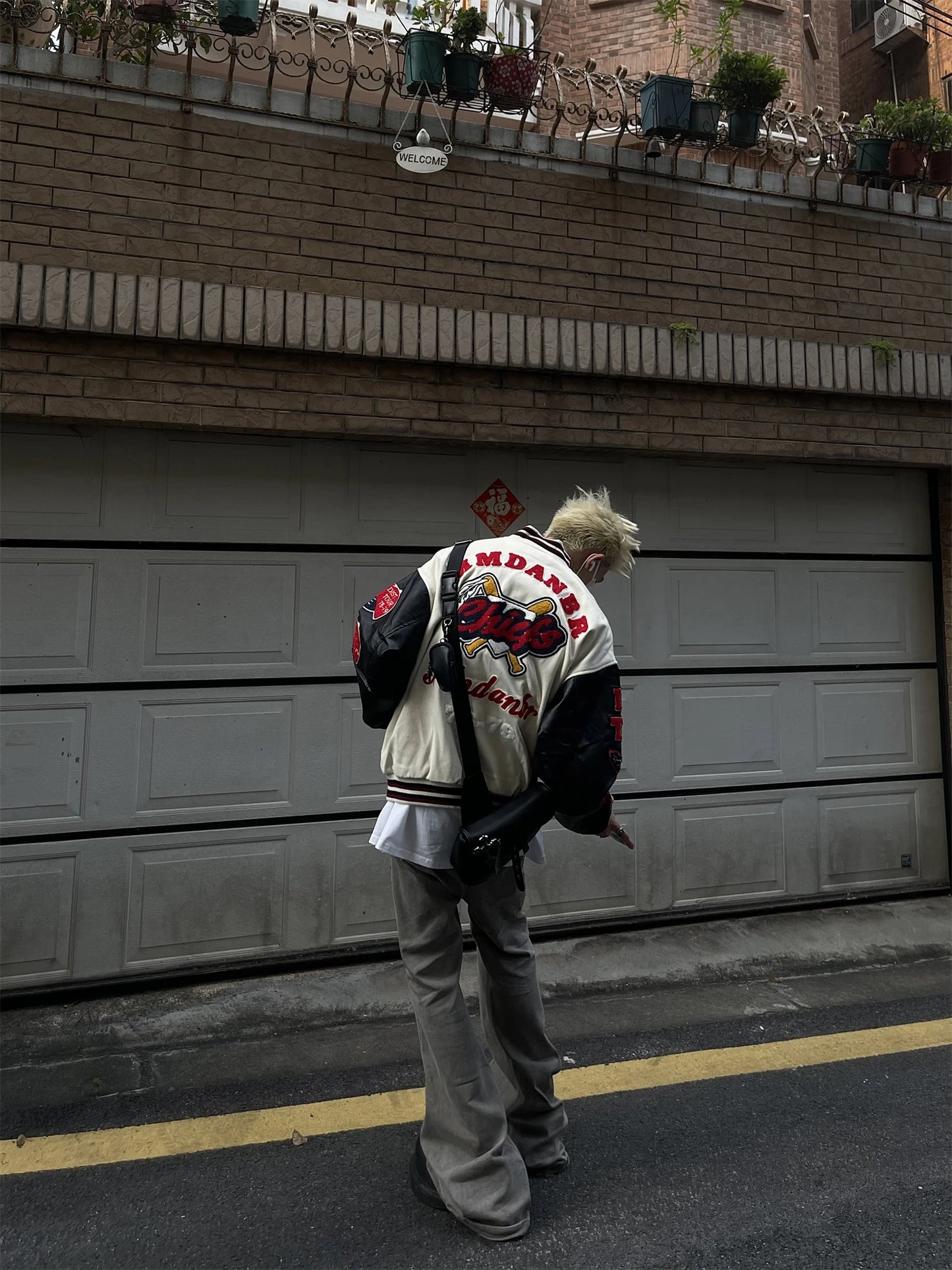 Men's Vintage Flocked Embroidery Patchwork Varsity PU Leather Sleeve Baseball Jacket