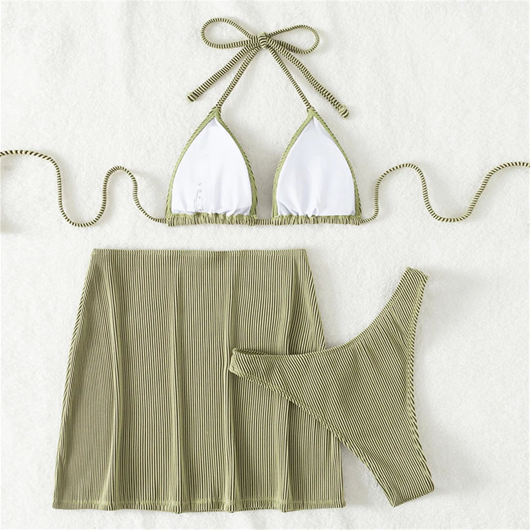 4 Colours With Skirt Ribbed Three-pieces Halter Bikini Set