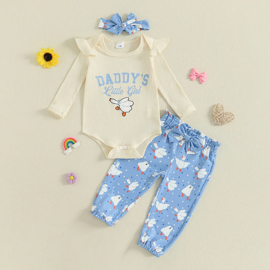 Baby Girls Duck Print Outfit Set - 3-Piece Long Sleeve Romper, Dot Pants & Headband (0-18M)