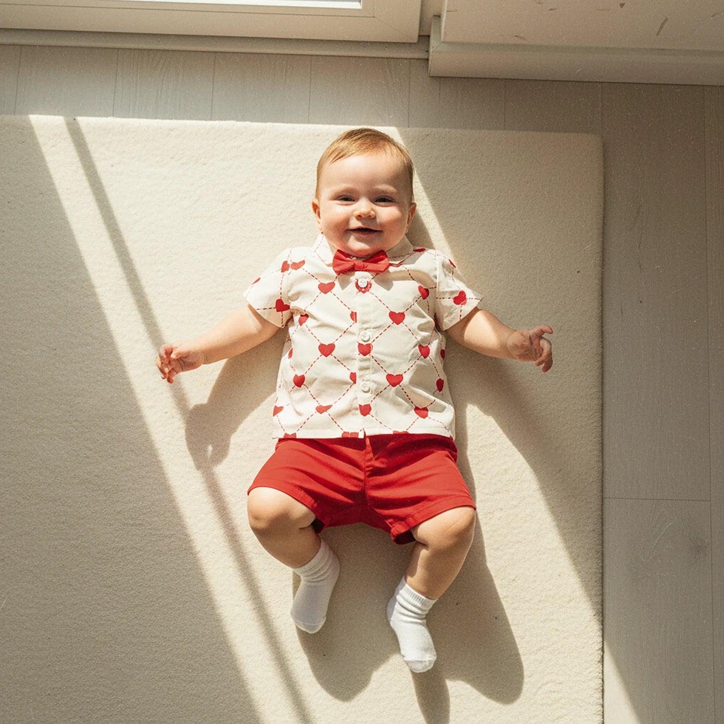 Valentine's Day Baby Boy Outfit Set - Heart Print Bowtie Shirt & Solid Shorts