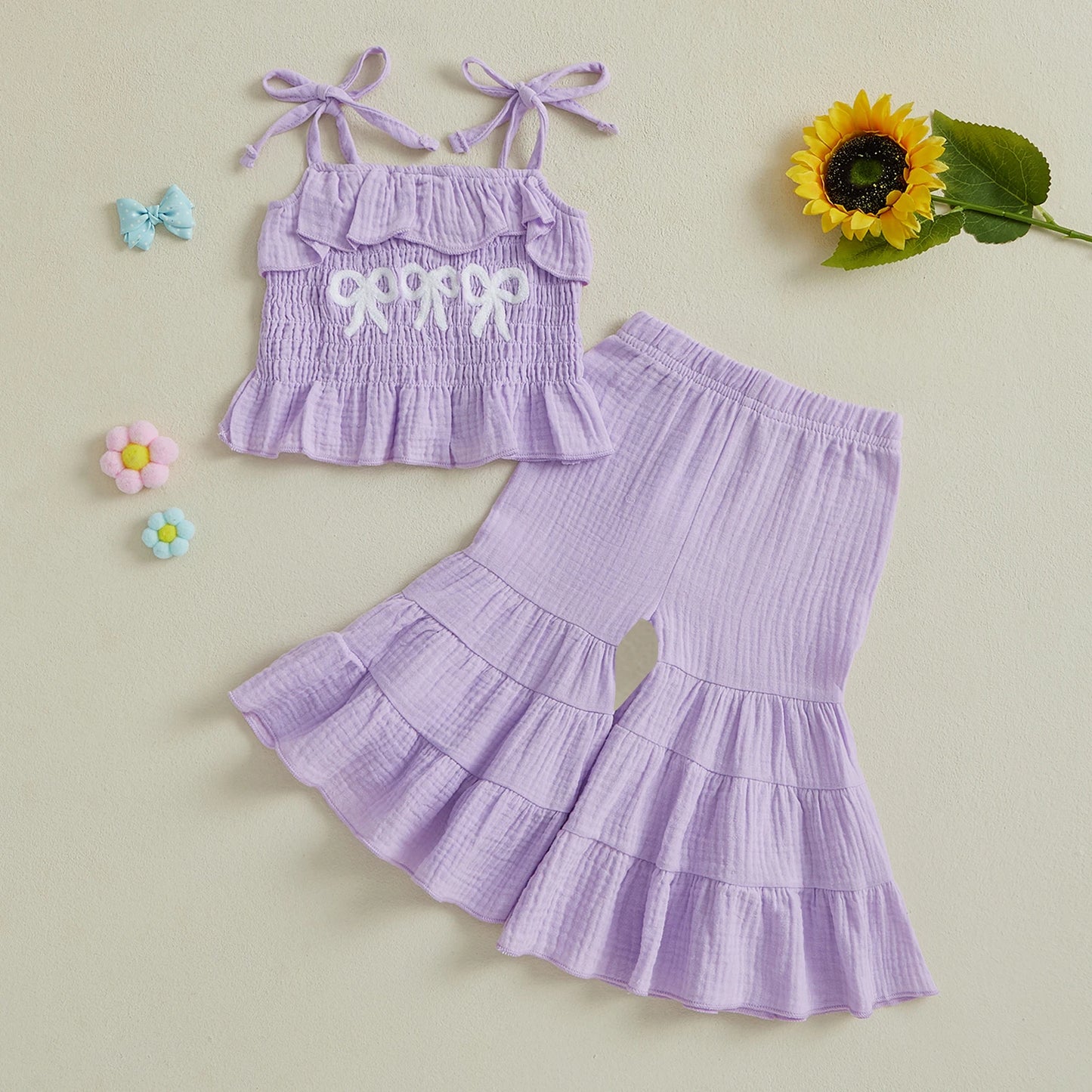 0-6Y Kids Girls Summer Clothes Set Bow Embroidery Tie-Strap Tank Top with Solid Color Flare Pants