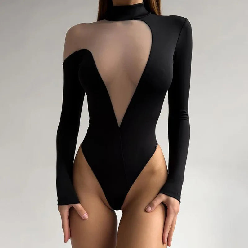 Women's Long Sleeve Mesh Sheer Bodysuit - One Piece Irregular High Rise Bodysuit