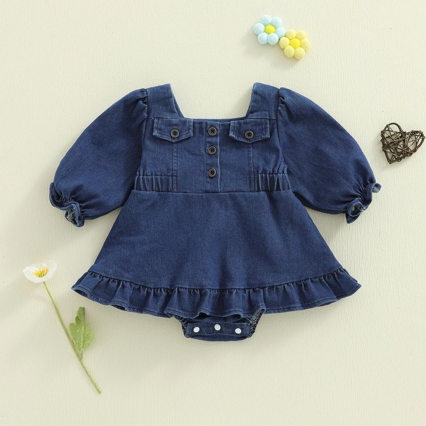 Baby Girls Denim Romper Dress - Square Neck Lantern Long Sleeve Bodysuit (0-24M)