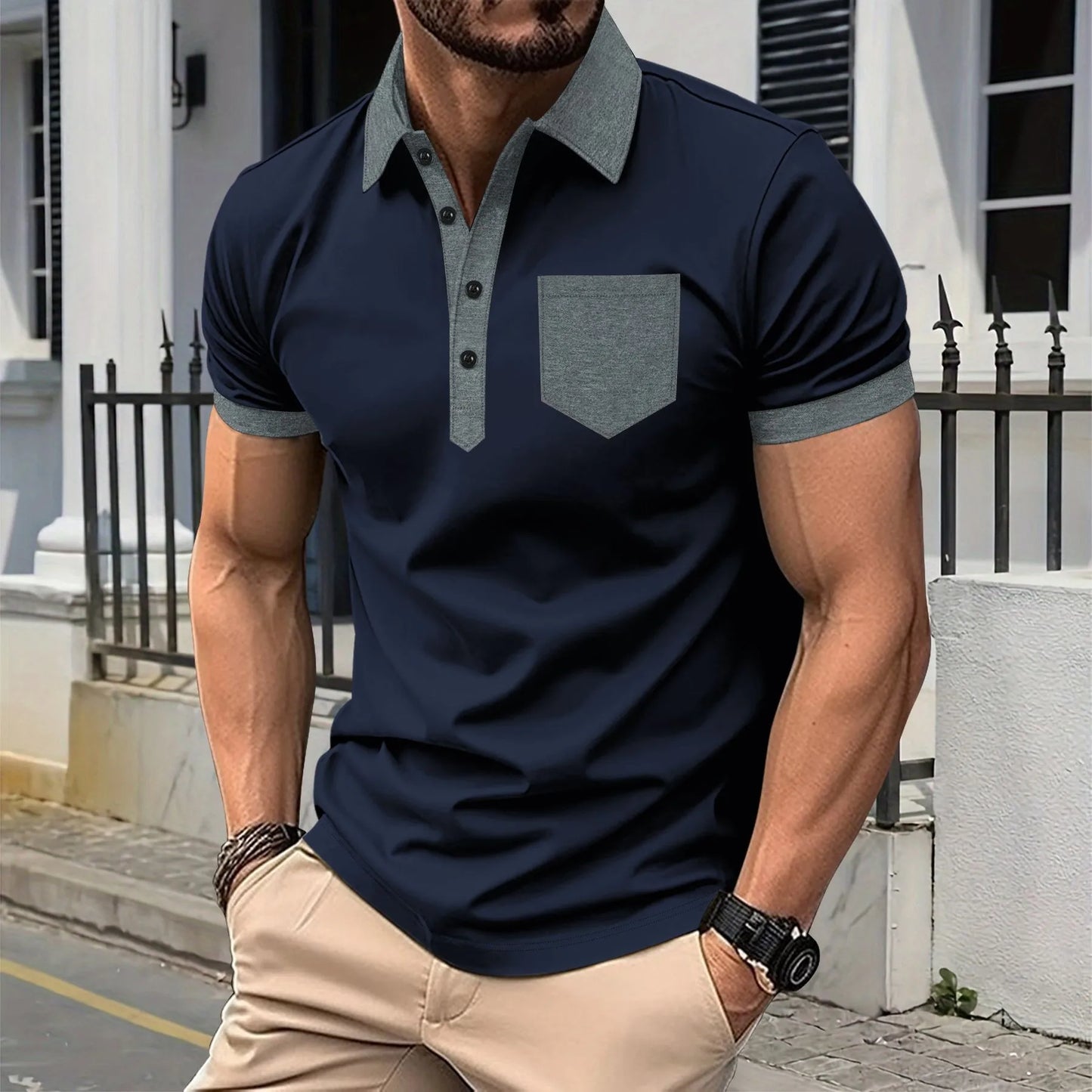 Men's Summer Short Sleeve Patchwork Turn Down Collar Smart Casual Polo Shirt