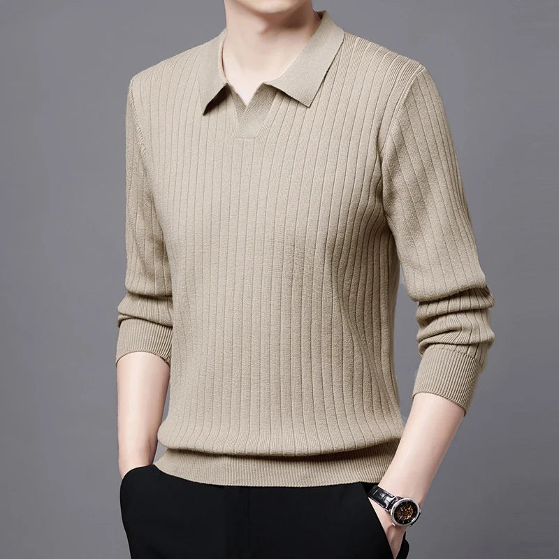 Smart Casual Sweater Turn Down Collar Knitted Pullover for Men