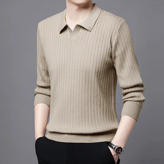 Smart Casual Sweater Turn Down Collar Knitted Pullover for Men